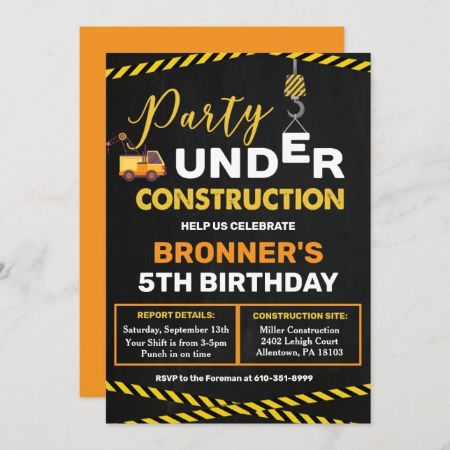 En construction Invitation d'anniversaire (Devant / Derrière)