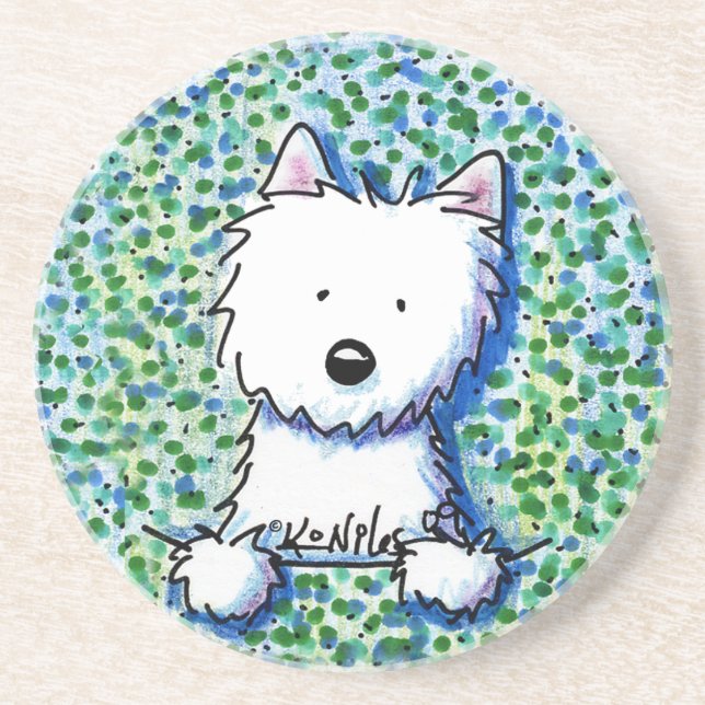 En Grès Chien Westie sur le Dessous de verre de Pointillis (Devant)