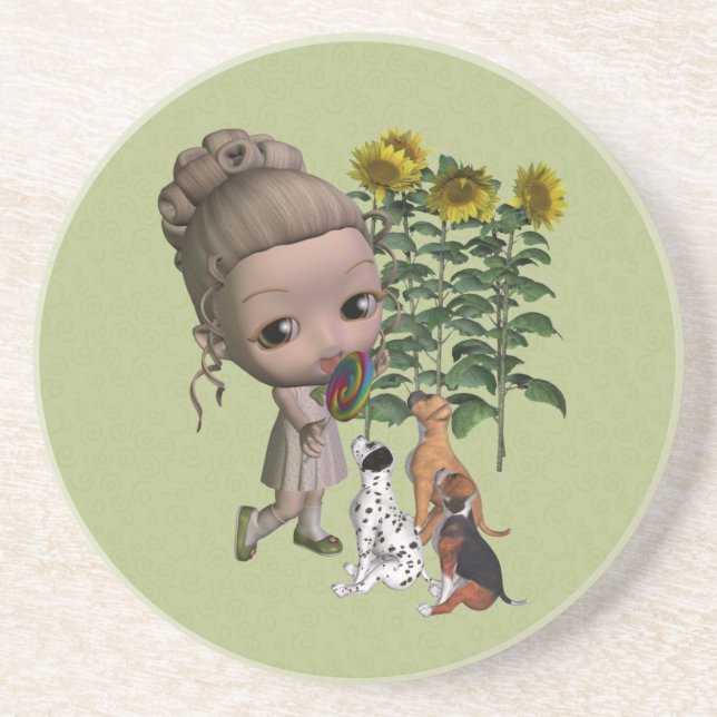 En Grès Chiots Et Enfants Dessous de verre À Boire (Devant)