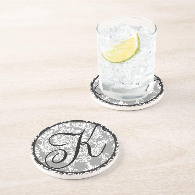 En Grès Damask Monogramme Mariage Dessous de verre d'anniv (Côté)