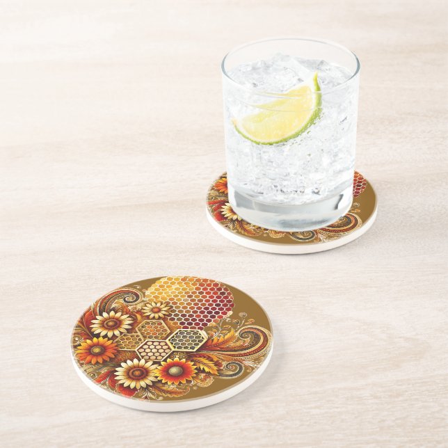 En Grès Dessous de verre abeille | Peigne de miel et desig (Côté)