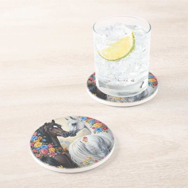 En Grès Dessous de verre avec des chevaux encadrés de fleu (Côté)
