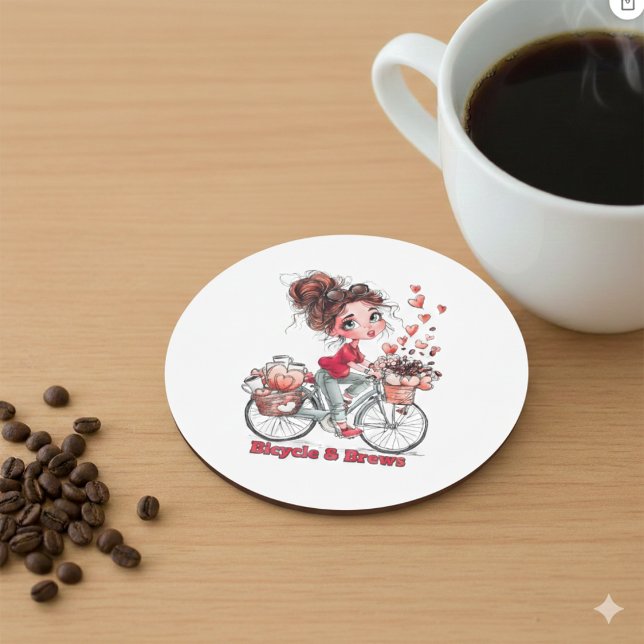 En Grès Dessous de verre café Fille mignonne à vélo aquare (Créateur téléchargé)