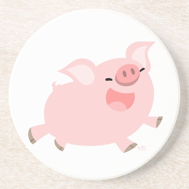 En Grès Dessous de verre de cochon joyeux caricaturé (Devant)