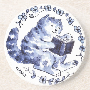 En Grès Dessous de verre de lecteur de chat bleu