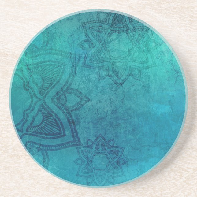 En Grès Dessous de verre de Mandala turquoise dévêtu (Devant)