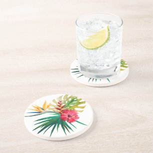 En Grès Dessous de verre de pierre à fleurs tropicales