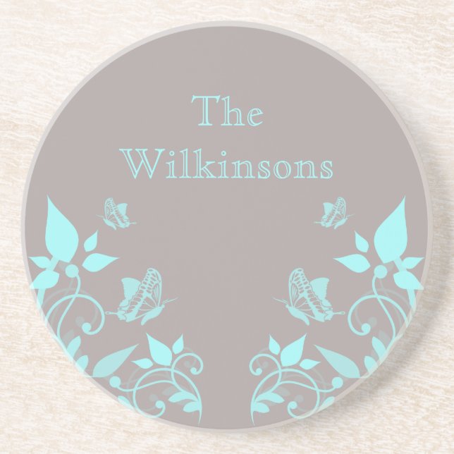 En Grès Dessous de verre Floral à papillon Aqua (Devant)