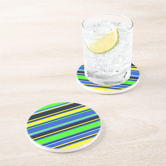 En Grès Dessous de verre Gras Bleu, Lime et Jaune rayé (Côté)