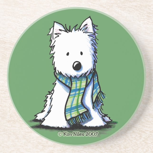En Grès Dessous de verre hivernal Westie de l'Écharpe (Devant)