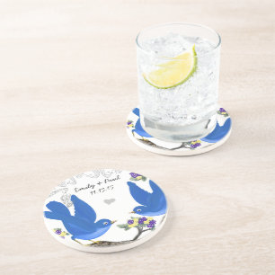 En Grès Dessous de verre Inséparables Vintages bleus et ja