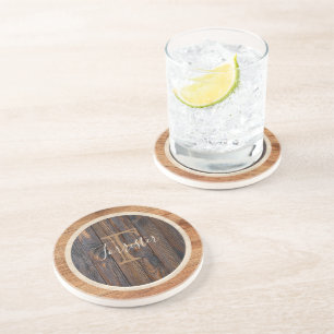 En Grès Dessous de verre monogramme rond ton bois rustique