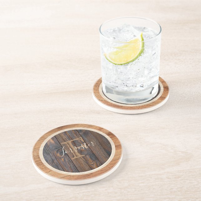 En Grès Dessous de verre monogramme rond ton bois rustique (Côté)