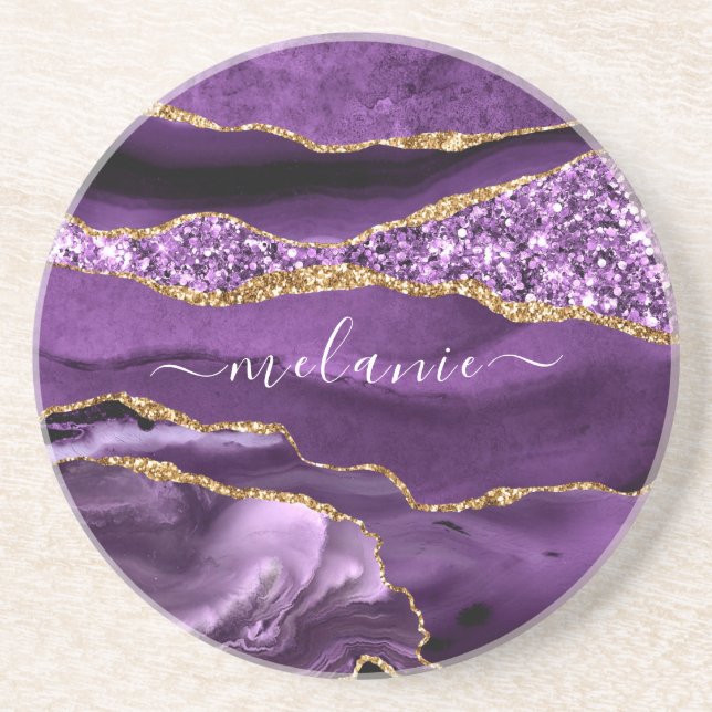 En Grès Dessous de verre Paillettes Or Violet Cadeau Nom P (Devant)