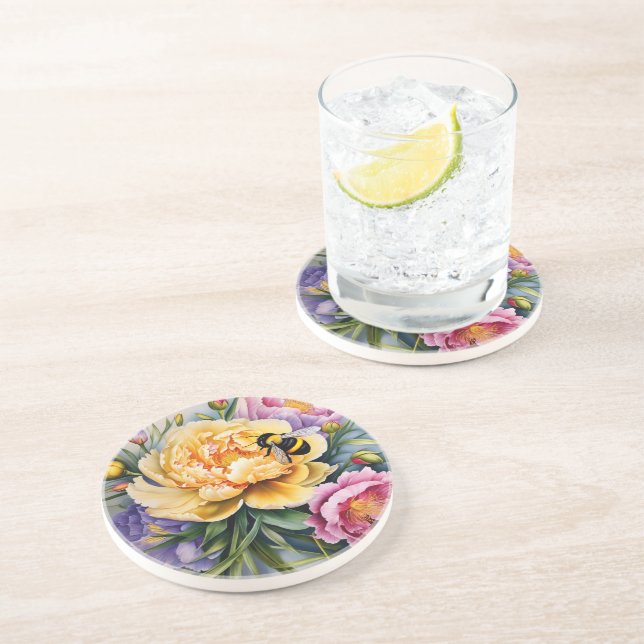 En Grès Dessous de verre personnalisé de fleurs et d'abeil (Côté)