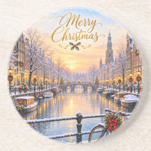 Dessous de verre rond d'Amsterdam Noël Hiver Canal