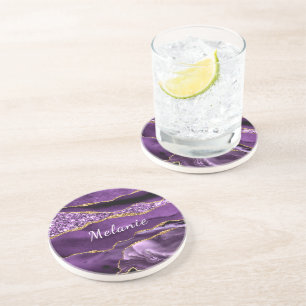 En Grès Dessous de verre rond d'or violet avec nom personn