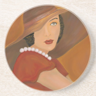 En Grès Dessous de verre vintages de peinture de fille de