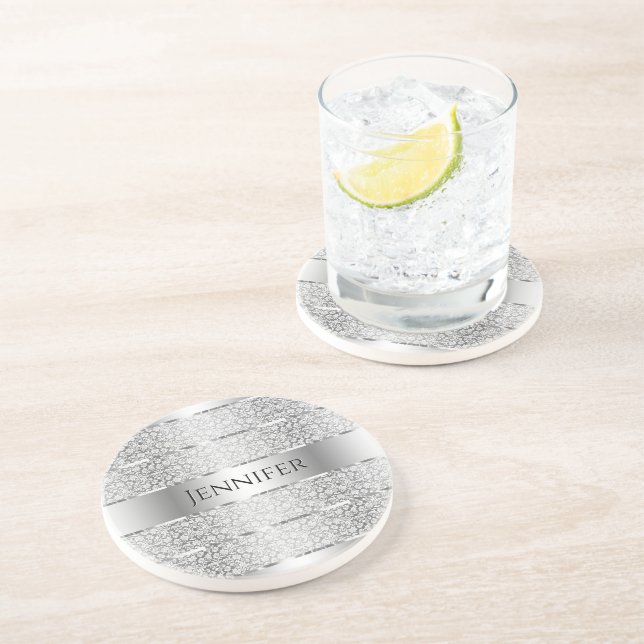 En Grès Élégant Dessous de verre Monogramme Gris Argent (Côté)