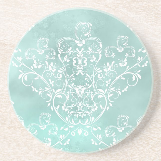 En Grès Elégant Dessous de verre Turquoise Damask (Devant)
