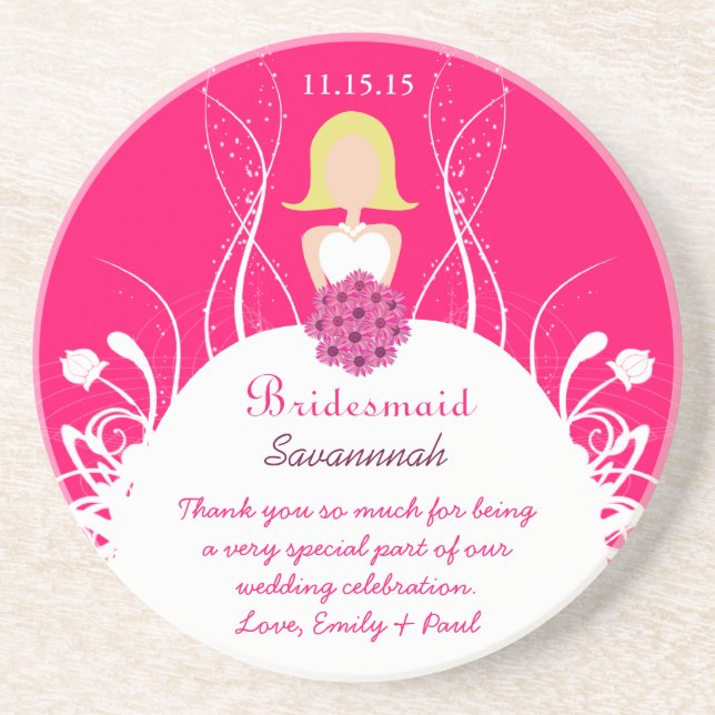 En Grès Fuchsia Blonde Bridesmaid Mariage Dessous de verre (Devant)