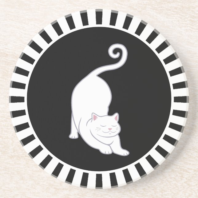 En Grès Joli chaton blanc sur dessous de verre noir et bla (Devant)