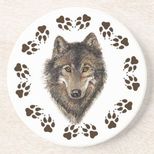 En Grès Loup et traces Aquarelle Dessous de verre animal
