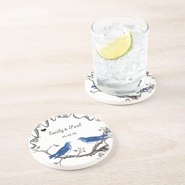 En Grès Lucky Bluebirds Dessous de verre Inséparables Vint (Côté)