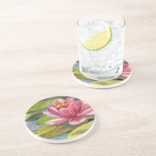 En Grès Lys rose et vert sur Lily Pads Dessous de verre