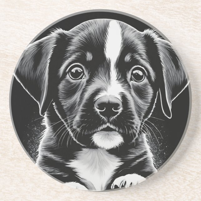 En Grès Mignon chiot noir et blanc – Dessous de verre pour (Devant)