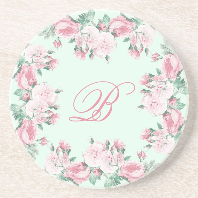 En Grès Monogramme dessous de verre Sandstone Floral roses (Devant)