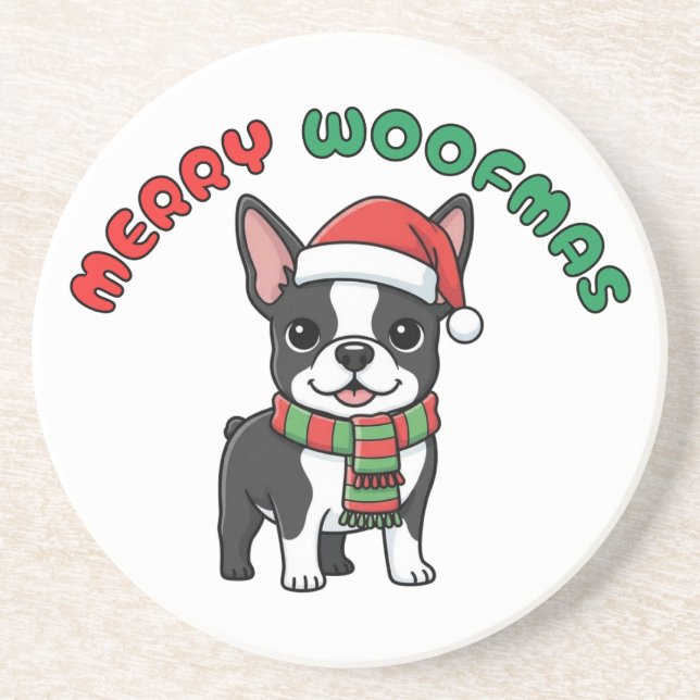 En Grès Noël Boston Terrier Dessous de verre : Joyeux Woof (Devant)