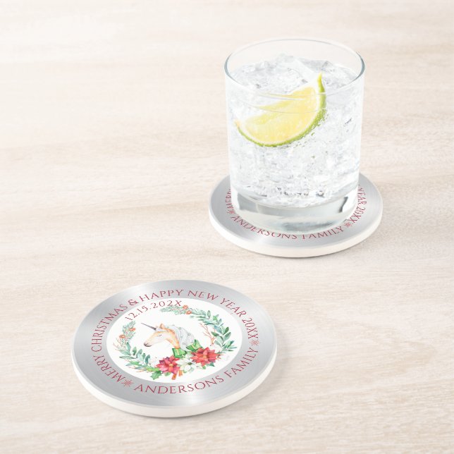 En Grès Noël licorne argent et blanc dessous de verre fron (Côté)