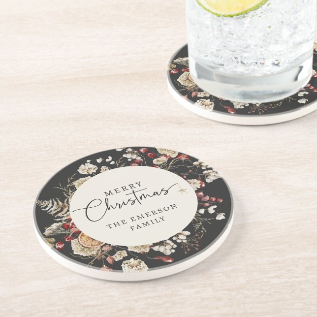 En Grès Noël Noir Dessous de Verre (Black Botanical Christmas Holiday Coasters
)