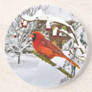 En Grès Noël, oiseau cardinal, neige, dessous de verre