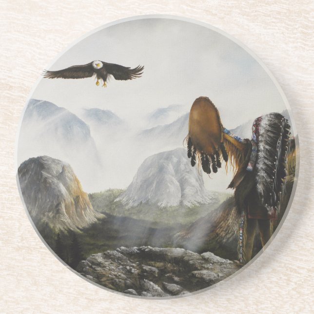 En Grès Peinture sur Dessous de verre Aigle et Indien (Devant)