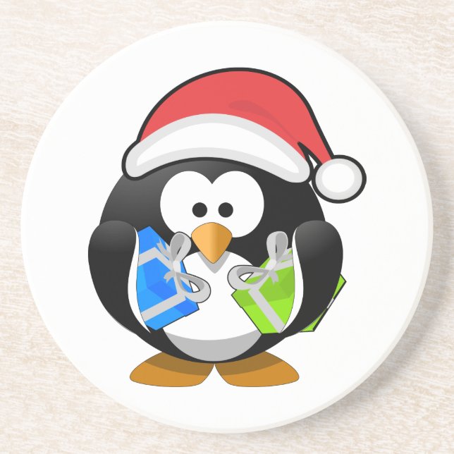 En Grès Pingouin mignon avec Dessous de verre de Santa Hat (Devant)
