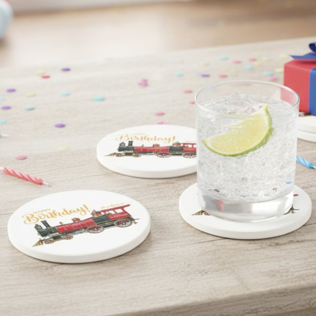 En Grès Red Train Joyeux anniversaire Dessous de verre de  (Red Train Happy Birthday Sandstone Coaster)