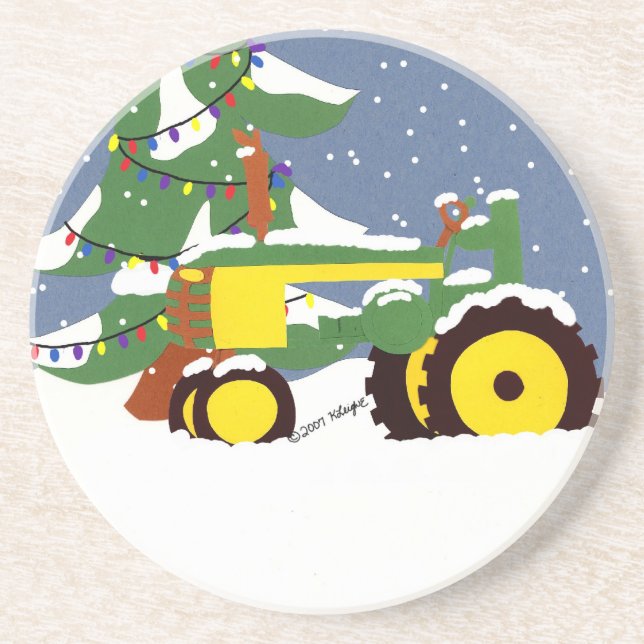 En Grès Tracteur de Noël et Dessous de verre de neige (Devant)