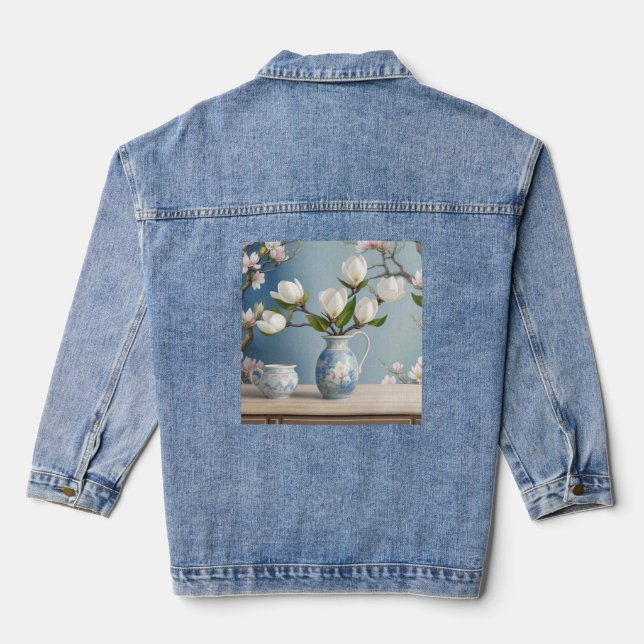 En Jean AI Art Blanc Magnolia Fleurs Denim Veste (Verso)