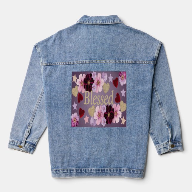 En Jean Blessed Hearts Flowers Blue Denim Veste (Verso)