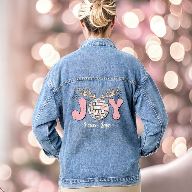 En Jean Joy Pink Christmas Disco Ball Text Denim Veste (Joy Pink Christmas Disco Ball Text Denim Jacket)
