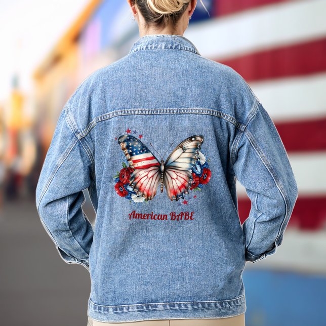 En Jean Patriotique Papillon Américain Babe Denim Veste (Patriotic Butterfly American Babe Denim Jacket)