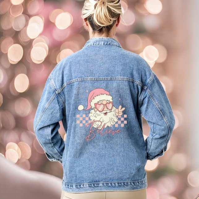 En Jean Retro Père Noël rose Noël Croyez Denim Veste (Retro Santa Pink Christmas Believe Denim Jacket)