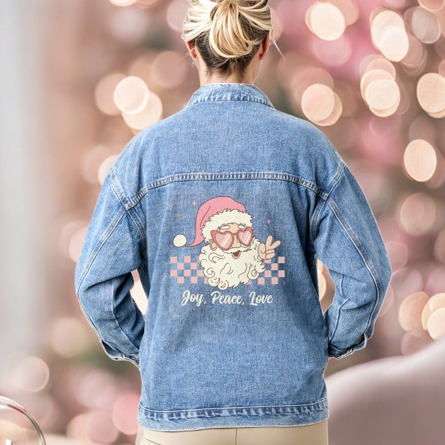 En Jean Retro Père Noël rose Texte de Noël Denim Veste (Retro Santa Pink Christmas Text Denim Jacket)