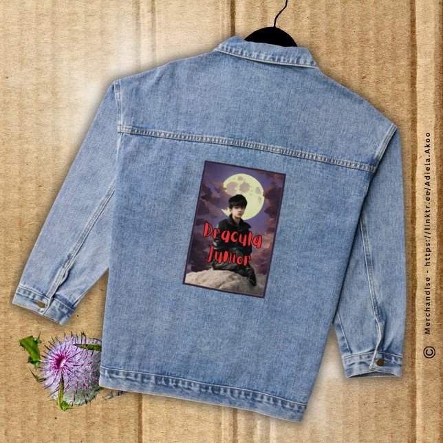 En Jean Veste Denim - Dracula Junior - par la poète Adiela (DJ Denim Jacket design by Poet Adiela Akoo. Browse my store 4 gr8t finds, party decor, favors & more)