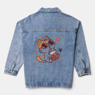 En Jean Veste Zip Boba Tea Chat tendance - Cute & Cosy