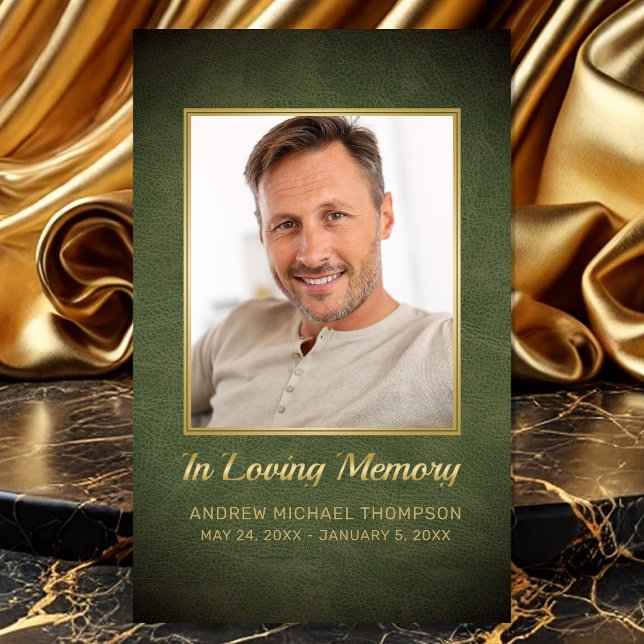 En Mémoire Amoureuse Carte funéraire Photo Gold Ve (Sympathy Green Faux Leather In Loving Memory Photo Funeral Card with Custom Poem)