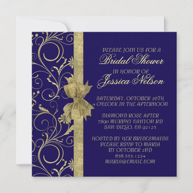  en or de luxe Damask Blue Douche Invitation