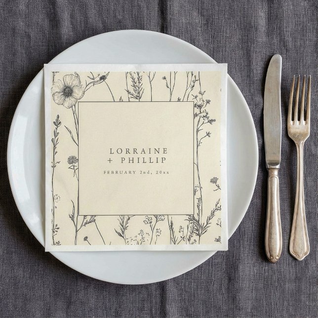 En Papier Belle serviette mariage aux fleurs sauvages (Delicate wild flowers wedding napkin.)